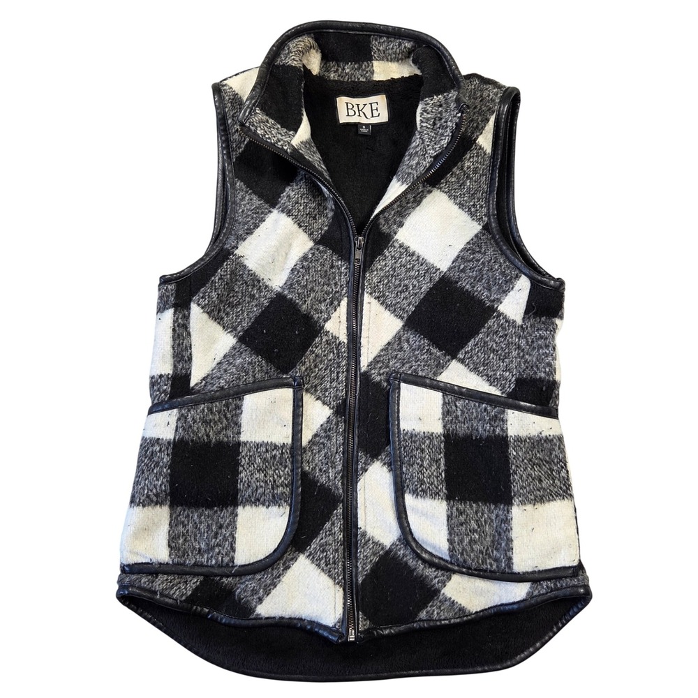 BKE Womens Buffalo Plaid Sherpa Lined Zip Up Vest Black White Small Western Boho